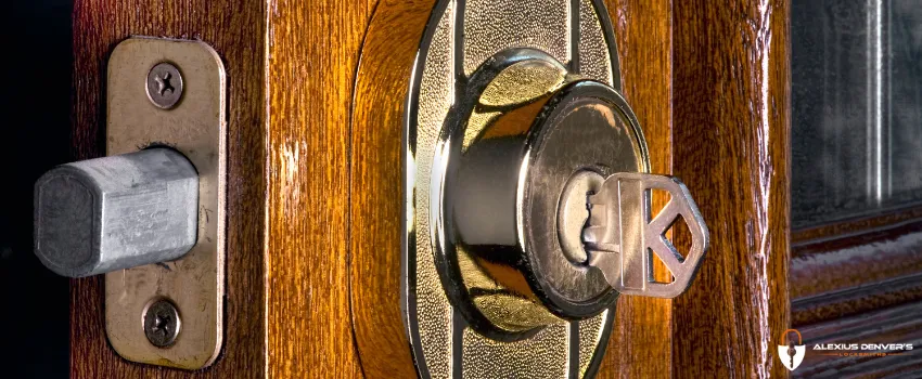 ADL - Zoom in picture of a deadbolt lock on a wooden door