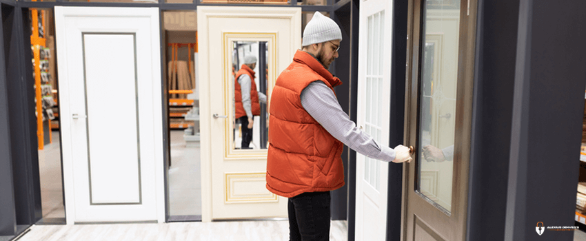 ADL-a man chooses New interior wooden doors with glazing in a hardware store