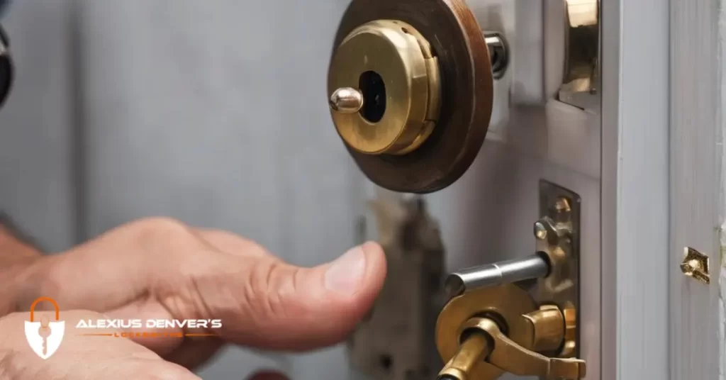 A locksmith's hand fixing a door lock